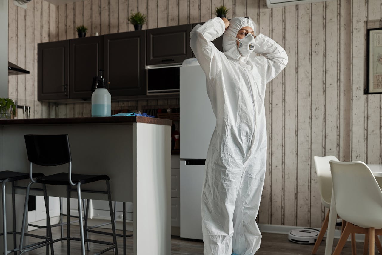 about-01 Individual in protective gear standing in a contemporary kitchen setting during the day.